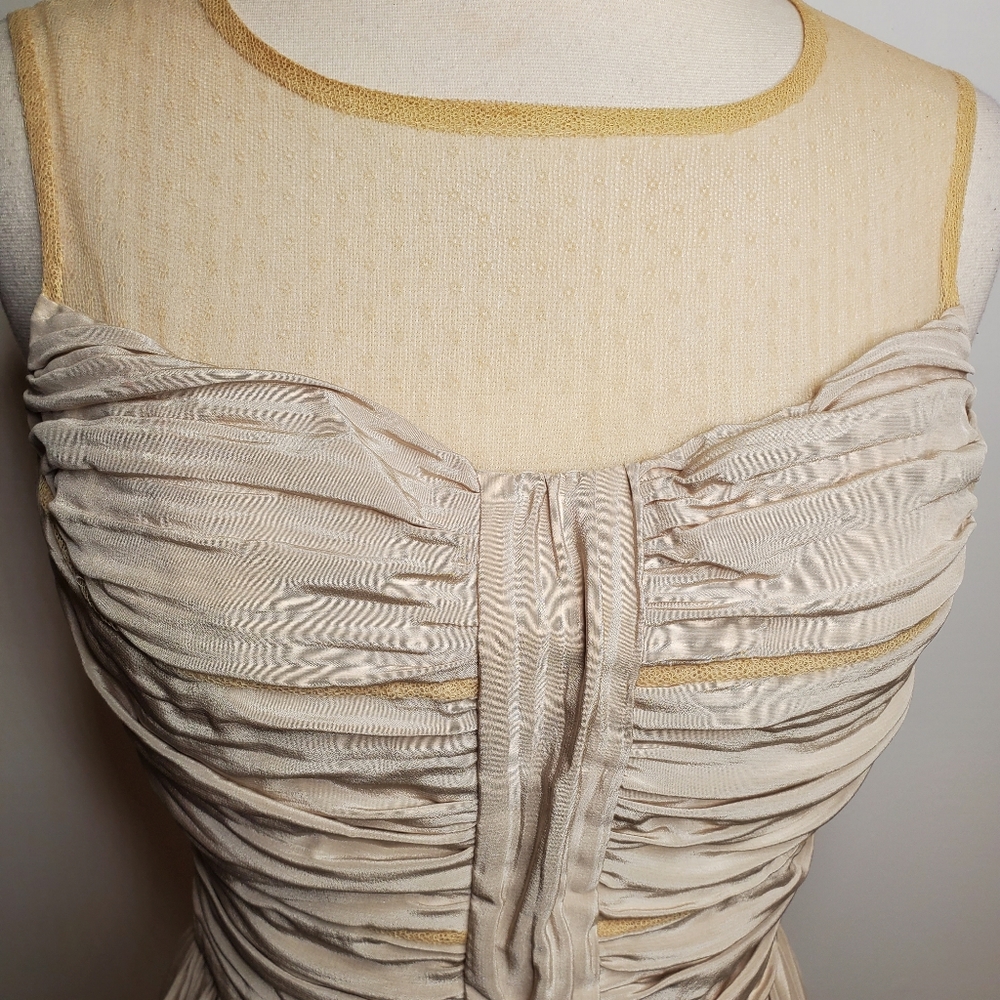 Keemia Nude Beige Fit Flare Dress Sheer Back Pleated Skirt XS S - Picture 2 of 8
